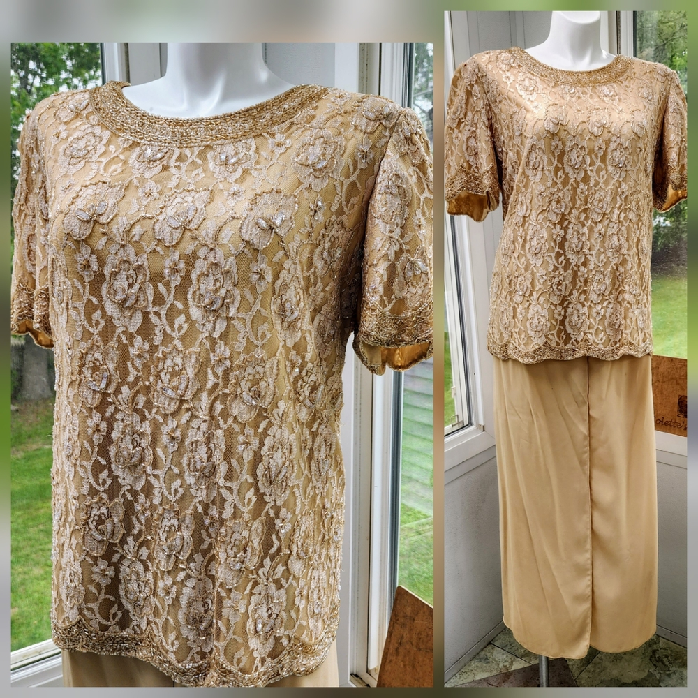 Sequence Gold Floral Lace Short Sleeve Formal Top